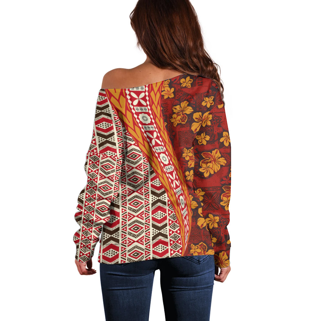Hawaii Native Tapa Elements and Hibiscus Flowers Off Shoulder Sweater LT03 - Polynesian Pride