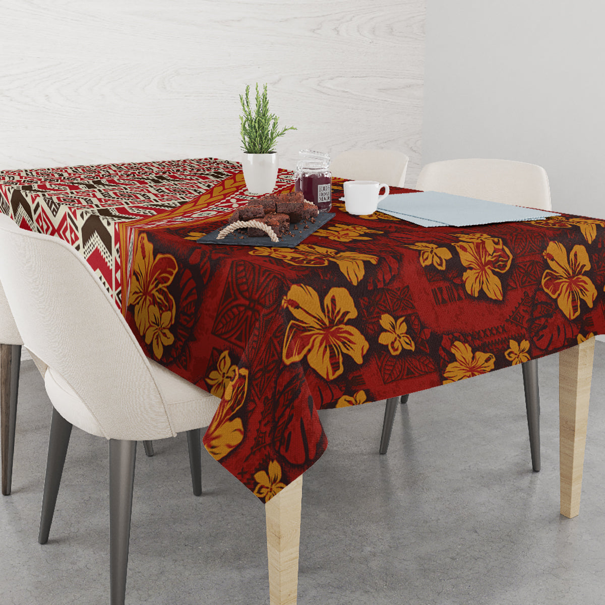 Hawaii Native Tapa Elements and Hibiscus Flowers Tablecloth LT03 - Polynesian Pride