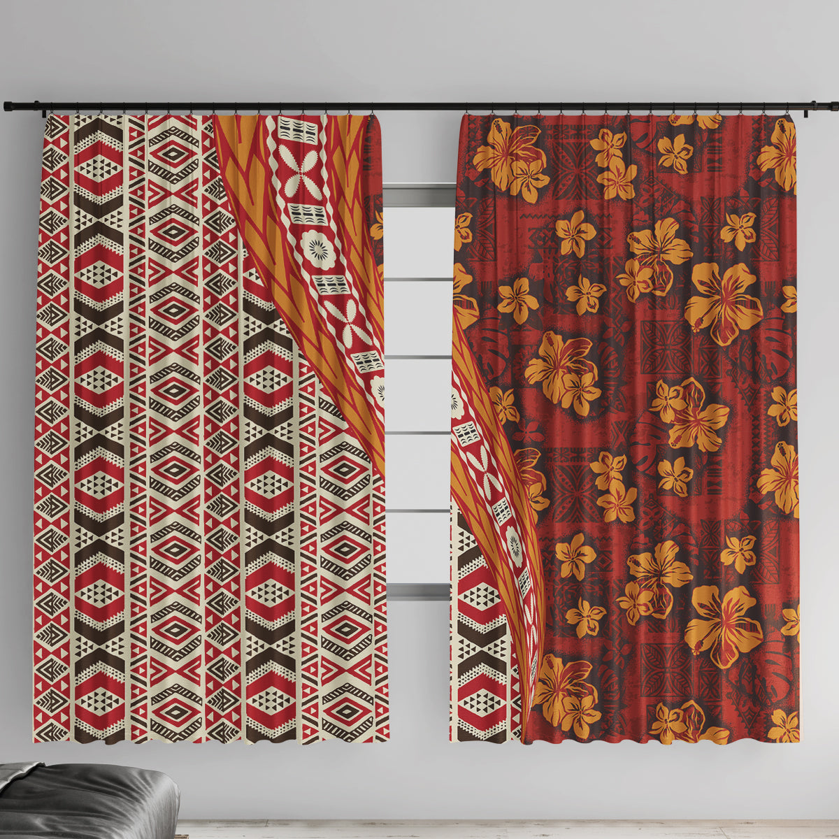 Hawaii Native Tapa Elements and Hibiscus Flowers Window Curtain LT03 With Hooks Red - Polynesian Pride