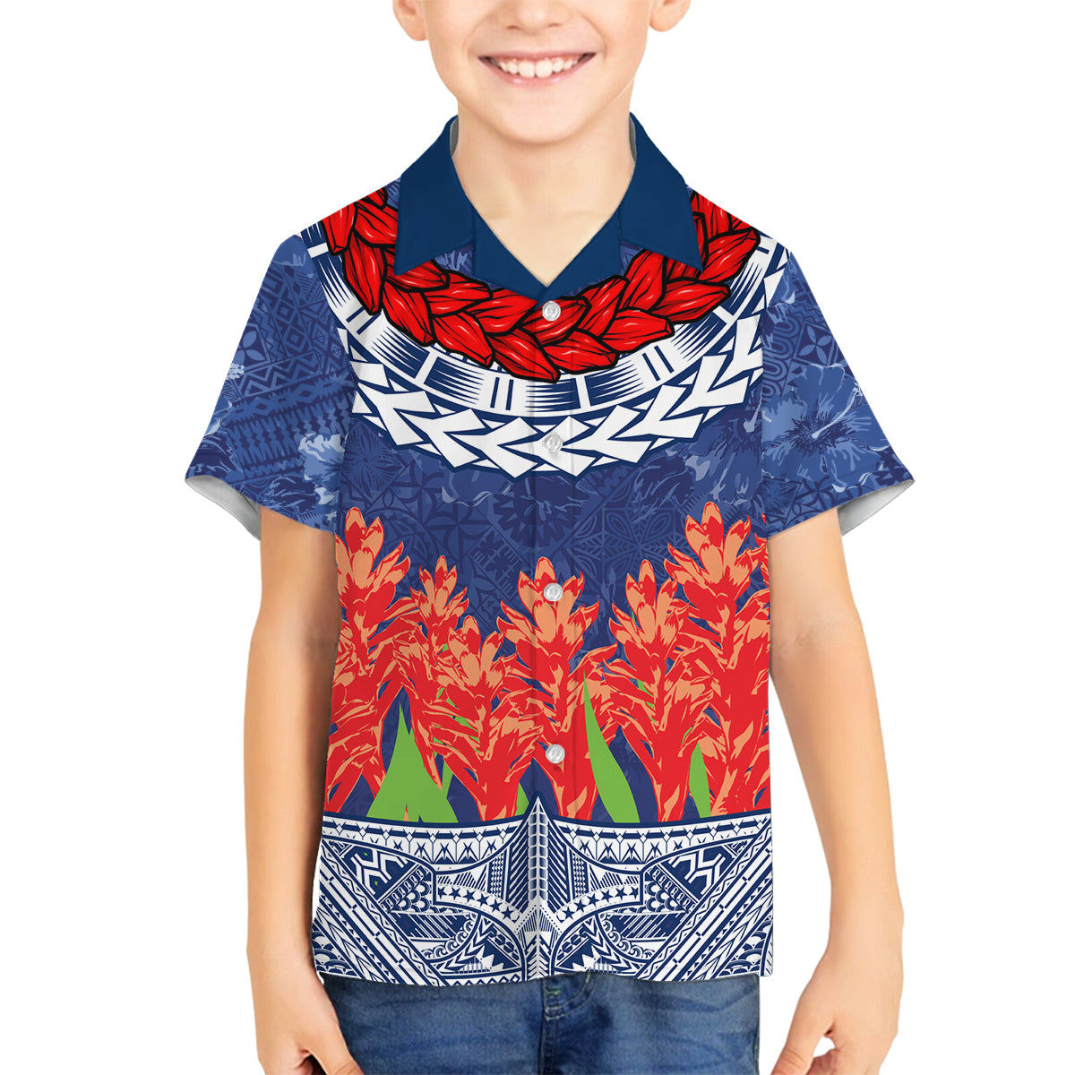 Samoan Tapa Family Matching Long Sleeve Bodycon Dress and Hawaiian Shirt Ula Fala and Teuila Flower LT03 Son's Shirt Blue - Polynesian Pride
