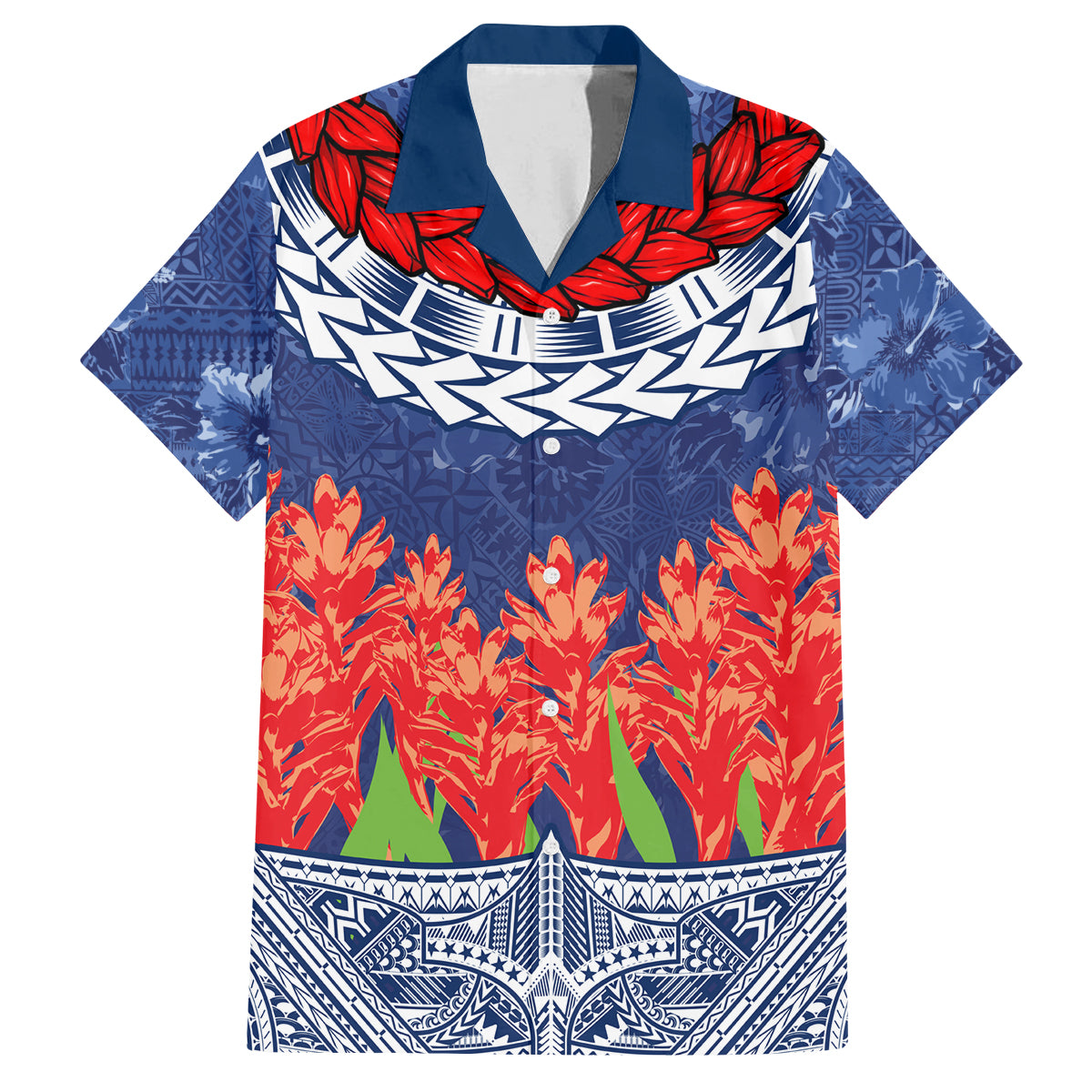 Samoan Tapa Family Matching Off Shoulder Short Dress and Hawaiian Shirt Ula Fala and Teuila Flower LT03 Dad's Shirt - Short Sleeve Blue - Polynesian Pride