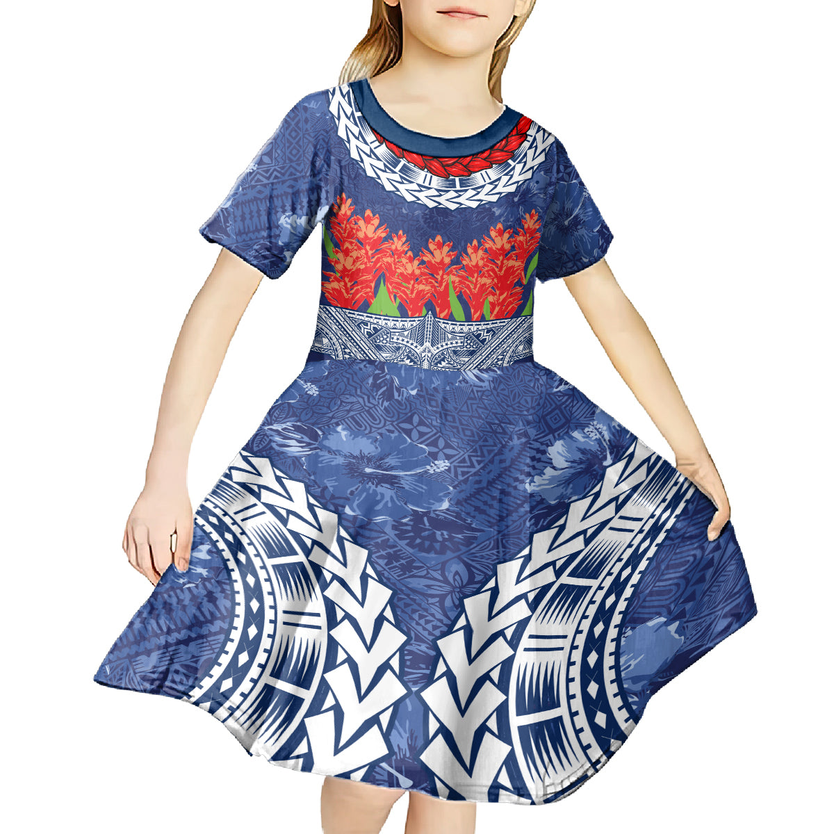 Samoan Tapa Kid Short Sleeve Dress Ula Fala and Teuila Flower LT03 - Polynesian Pride