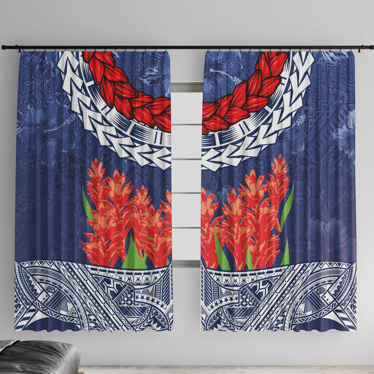 Samoan Tapa Window Curtain Ula Fala and Teuila Flower LT03 With Hooks Blue - Polynesian Pride