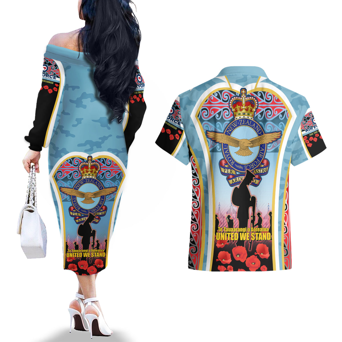 Royal New Zealand Air Force ANZAC Day Couples Matching Off The Shoulder Long Sleeve Dress and Hawaiian Shirt Te Tauaarangi o Aotearoa LT03 - Polynesian Pride