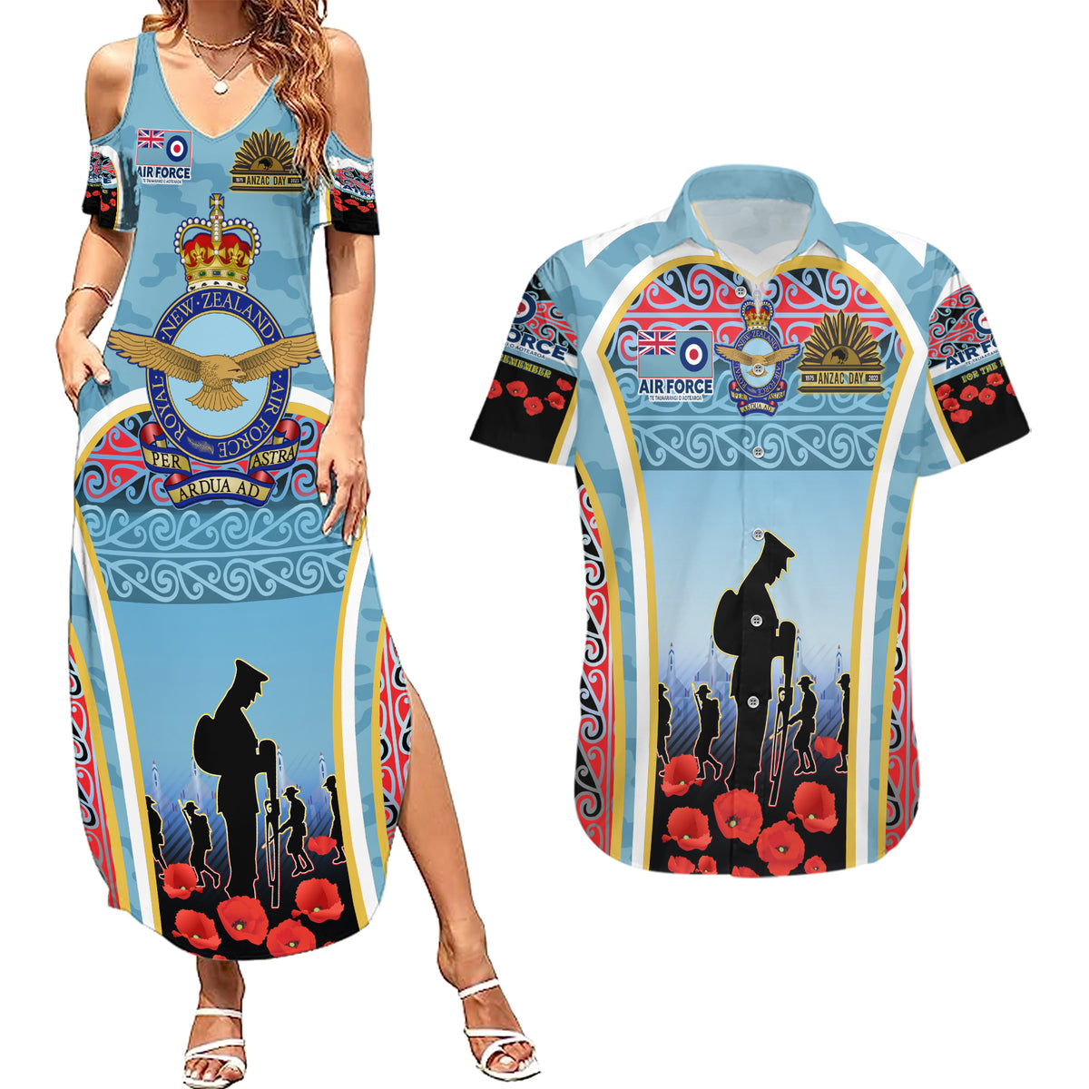 Royal New Zealand Air Force ANZAC Day Couples Matching Summer Maxi Dress and Hawaiian Shirt Te Tauaarangi o Aotearoa LT03 Blue - Polynesian Pride