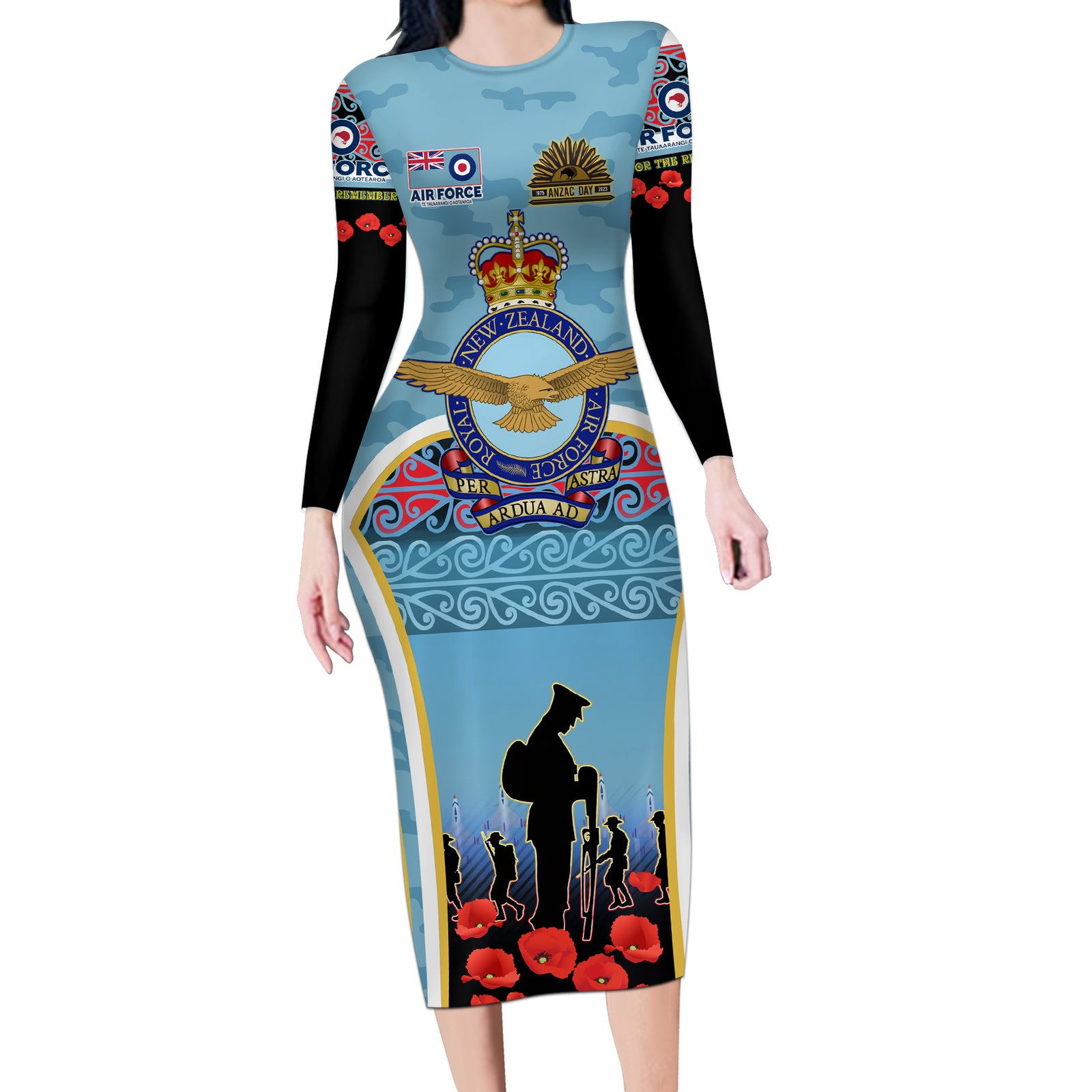 Royal New Zealand Air Force ANZAC Day Long Sleeve Bodycon Dress Te Tauaarangi o Aotearoa LT03 Long Dress Blue - Polynesian Pride
