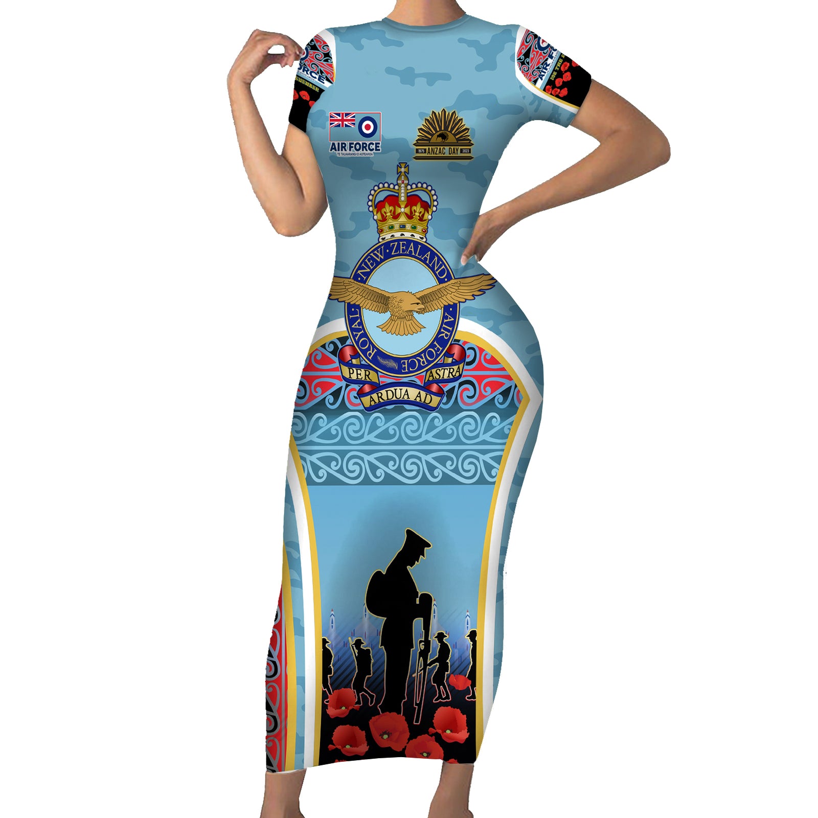 Royal New Zealand Air Force ANZAC Day Short Sleeve Bodycon Dress Te Tauaarangi o Aotearoa LT03 Long Dress Blue - Polynesian Pride