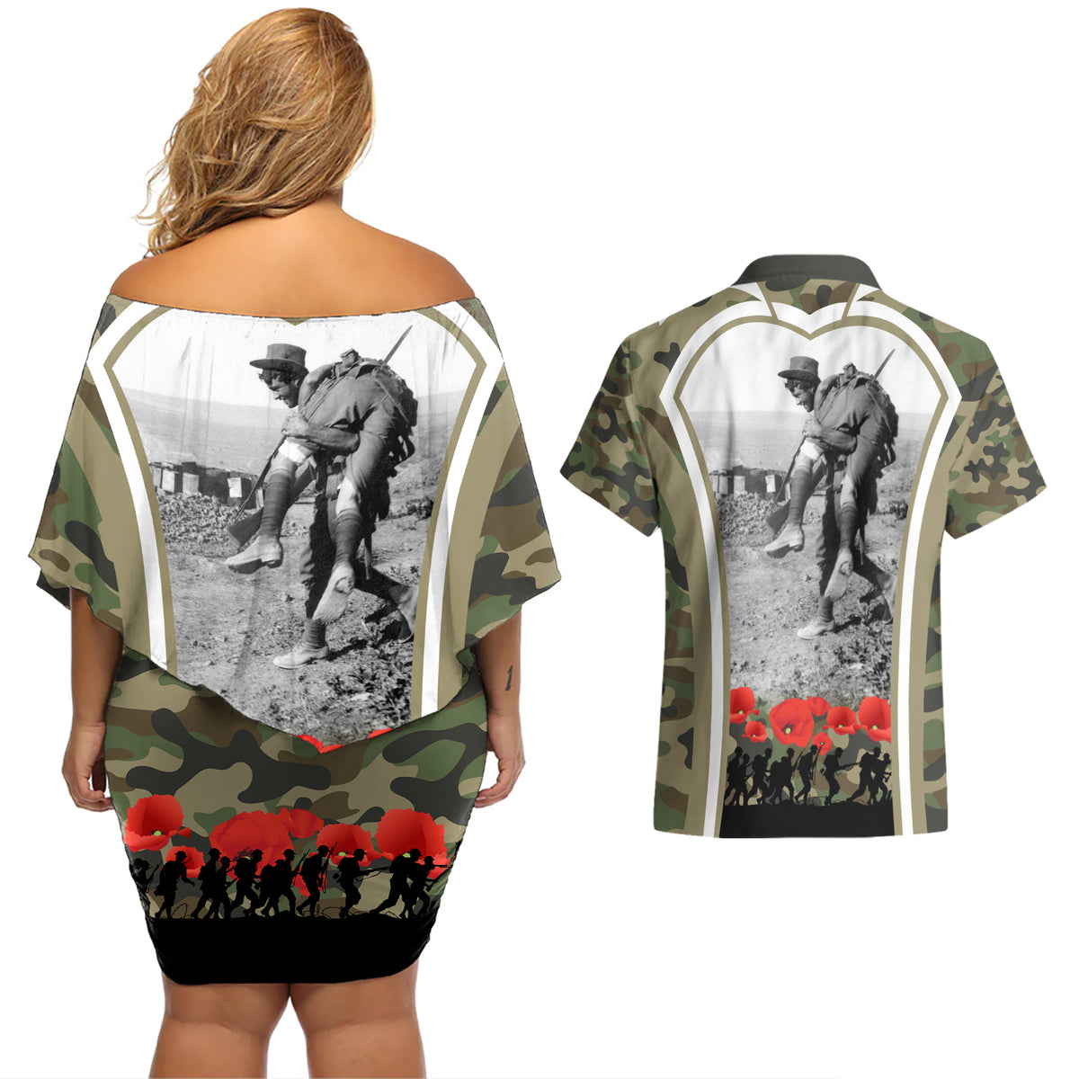 New Zealand and Australia ANZAC Day Couples Matching Off Shoulder Short Dress and Hawaiian Shirt Koala and Kiwi Bird Soldier Gallipoli Camouflage Style LT03 - Polynesian Pride