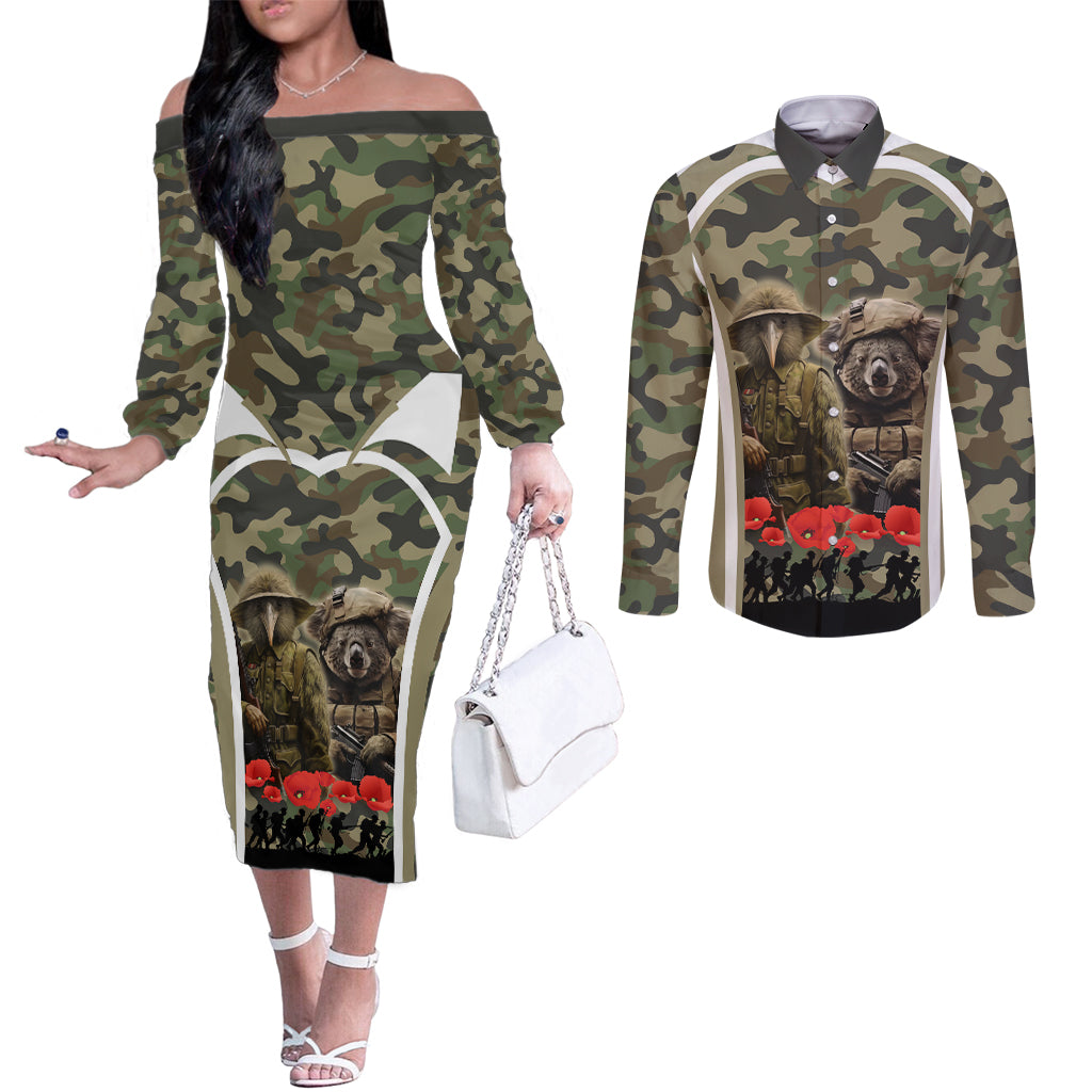 New Zealand and Australia ANZAC Day Couples Matching Off The Shoulder Long Sleeve Dress and Long Sleeve Button Shirt Koala and Kiwi Bird Soldier Gallipoli Camouflage Style LT03 Green - Polynesian Pride