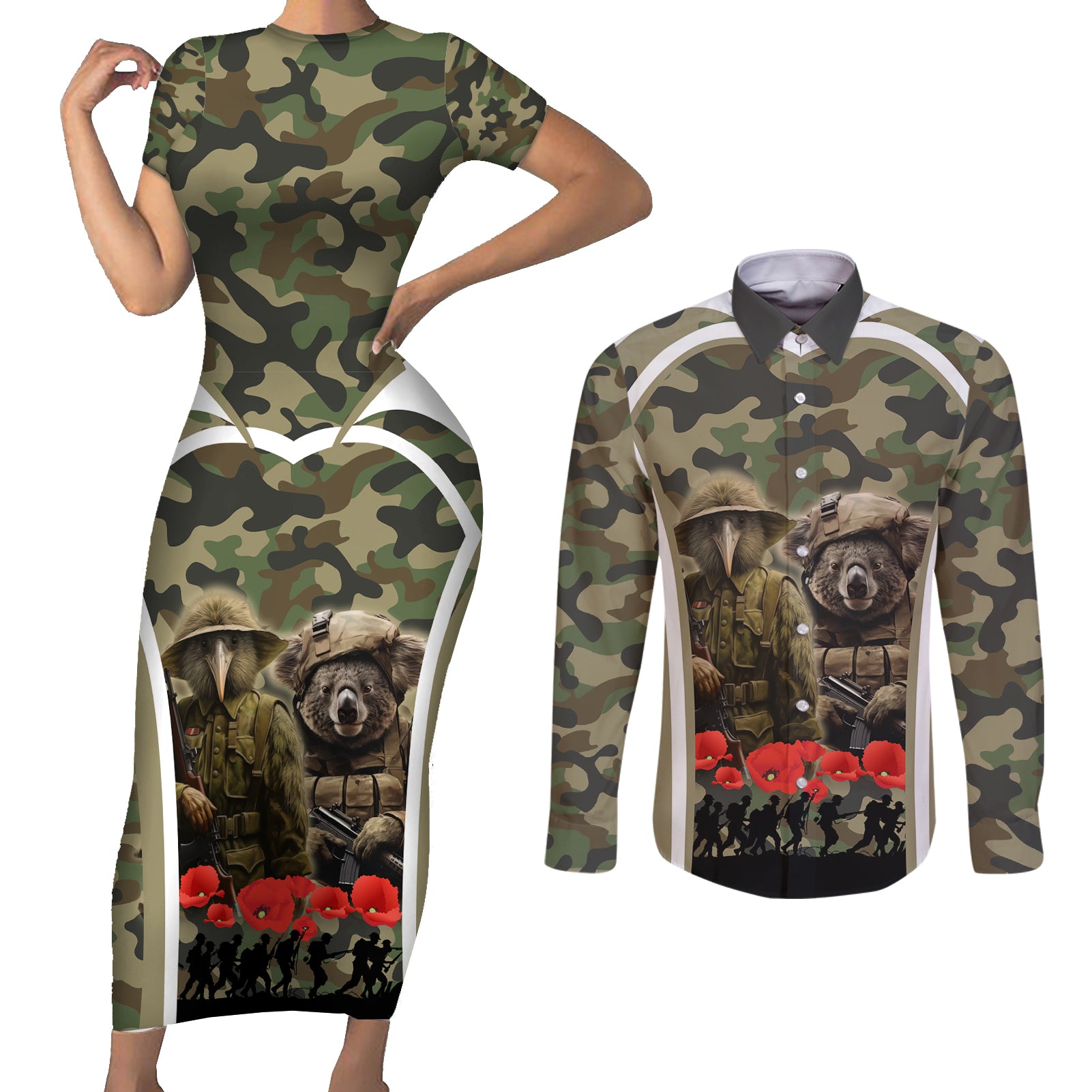 New Zealand and Australia ANZAC Day Couples Matching Short Sleeve Bodycon Dress and Long Sleeve Button Shirt Koala and Kiwi Bird Soldier Gallipoli Camouflage Style LT03 Green - Polynesian Pride