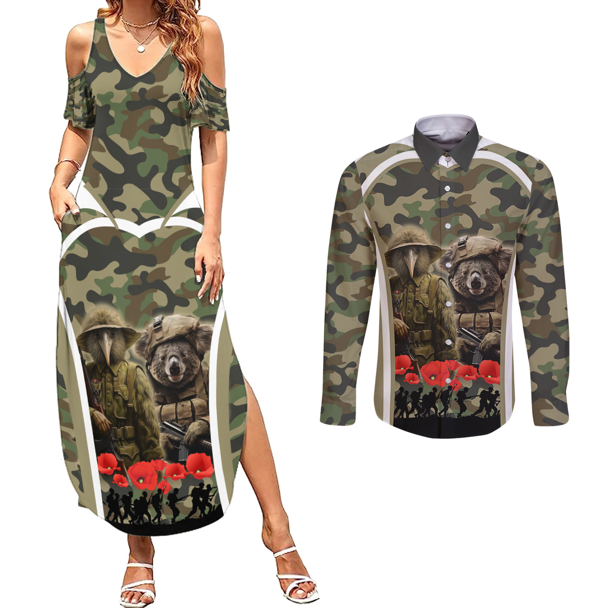 New Zealand and Australia ANZAC Day Couples Matching Summer Maxi Dress and Long Sleeve Button Shirt Koala and Kiwi Bird Soldier Gallipoli Camouflage Style LT03 Green - Polynesian Pride