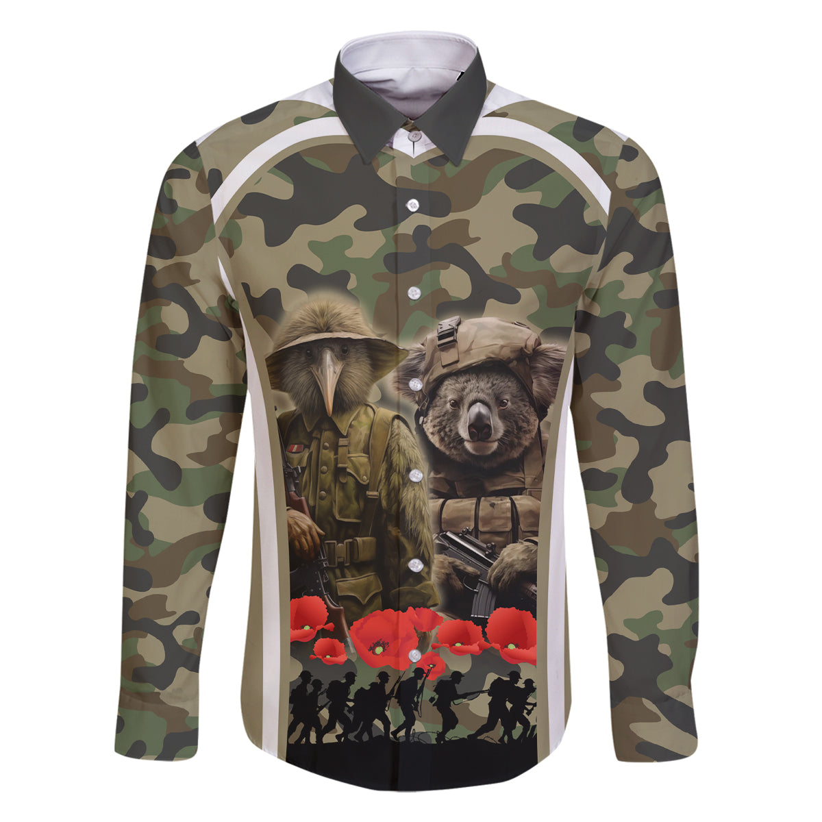 New Zealand and Australia ANZAC Day Family Matching Long Sleeve Bodycon Dress and Hawaiian Shirt Koala and Kiwi Bird Soldier Gallipoli Camouflage Style LT03 Dad's Shirt - Long Sleeve Green - Polynesian Pride