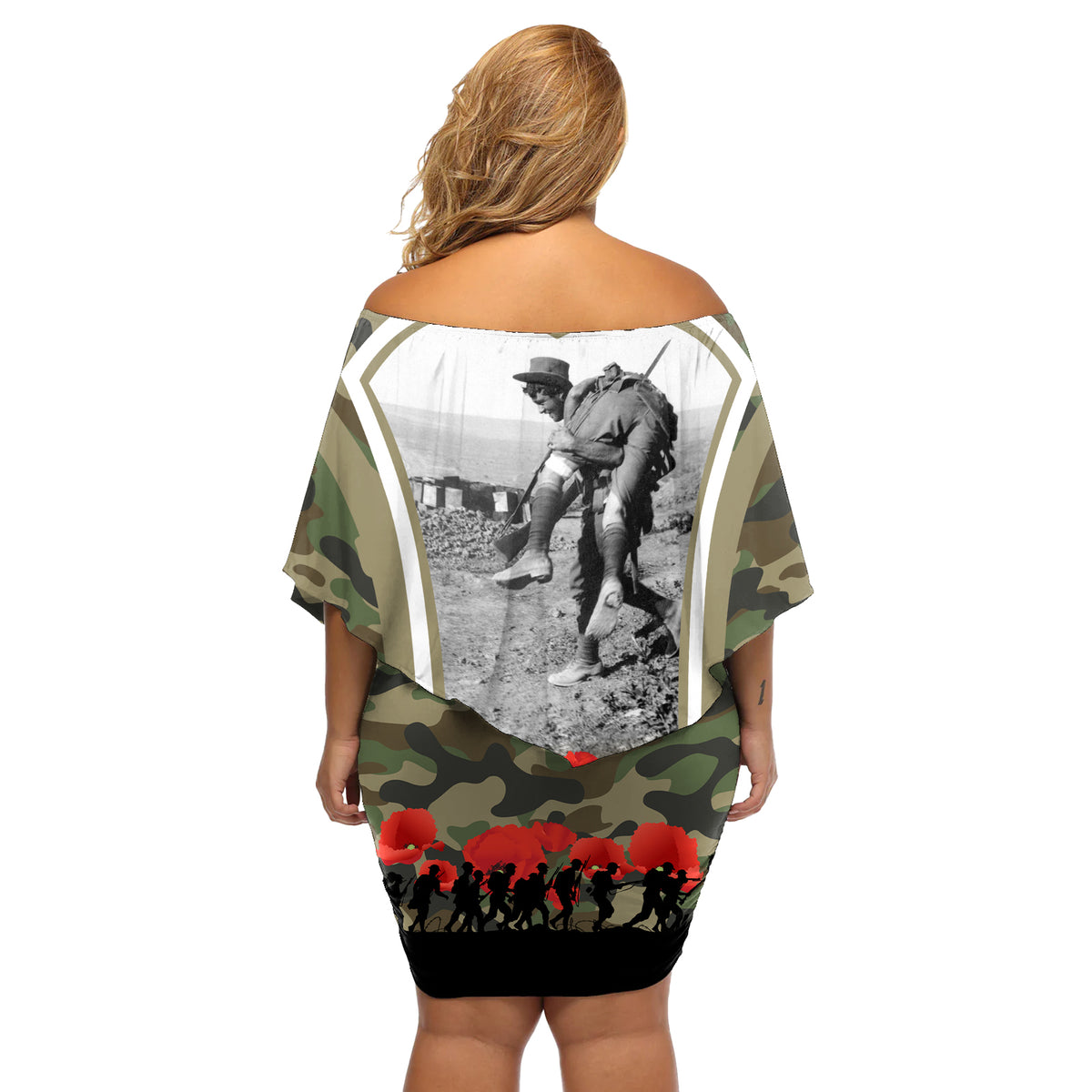 New Zealand and Australia ANZAC Day Off Shoulder Short Dress Koala and Kiwi Bird Soldier Gallipoli Camouflage Style LT03 - Polynesian Pride