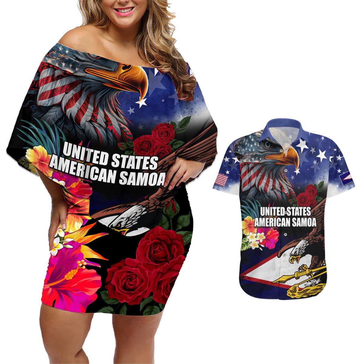 Personalised United States and American Samoa Couples Matching Off Shoulder Short Dress and Hawaiian Shirt Bald Eagle Rose and Hibiscus Flower LT03 Blue - Polynesian Pride