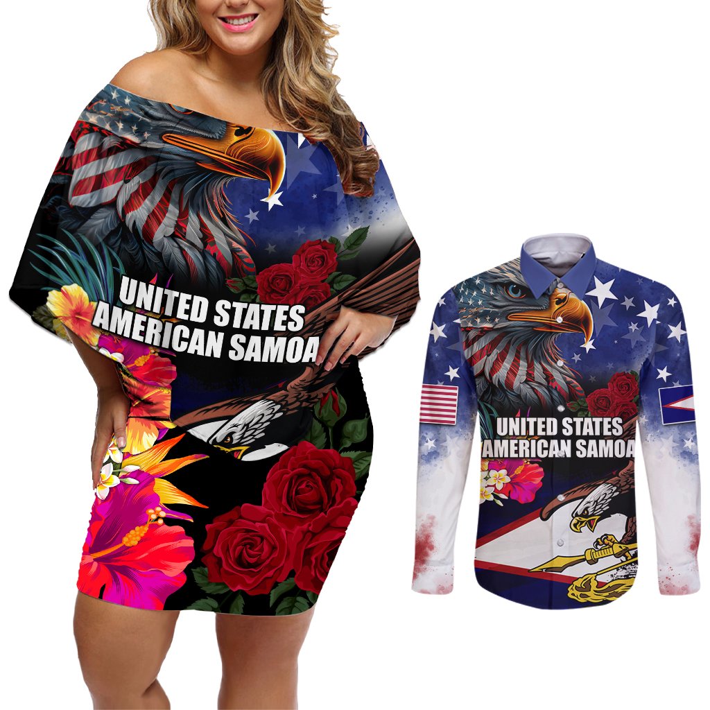 Personalised United States and American Samoa Couples Matching Off Shoulder Short Dress and Long Sleeve Button Shirt Bald Eagle Rose and Hibiscus Flower LT03 Blue - Polynesian Pride
