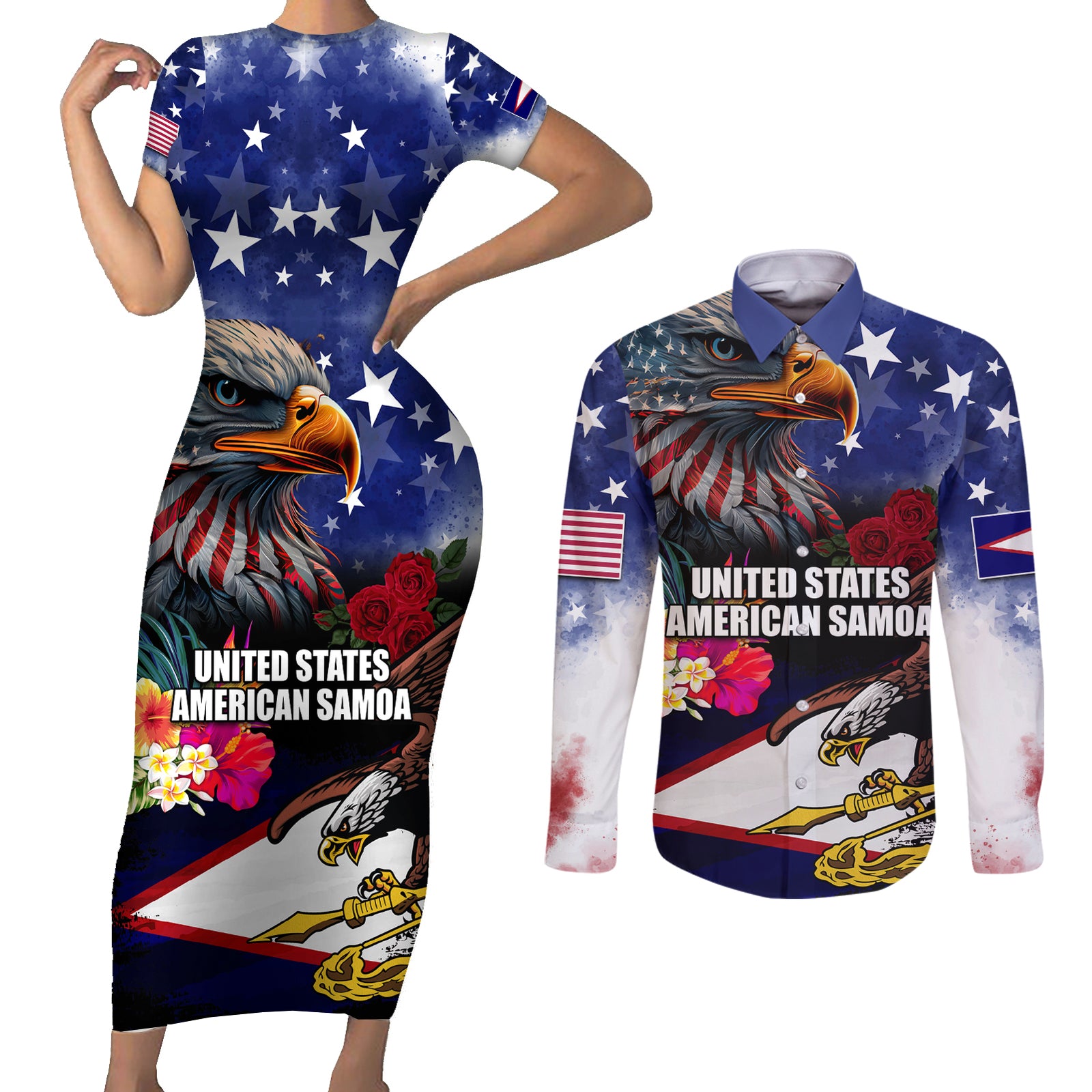 Personalised United States and American Samoa Couples Matching Short Sleeve Bodycon Dress and Long Sleeve Button Shirt Bald Eagle Rose and Hibiscus Flower LT03 Blue - Polynesian Pride