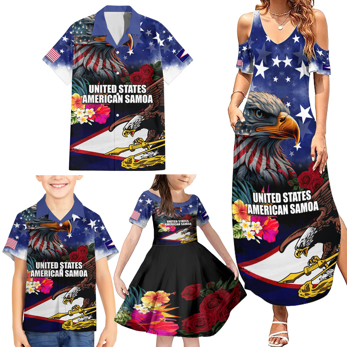 Personalised United States and American Samoa Family Matching Summer Maxi Dress and Hawaiian Shirt Bald Eagle Rose and Hibiscus Flower LT03 - Polynesian Pride