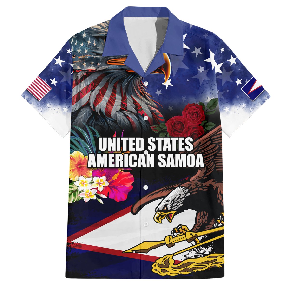 Personalised United States and American Samoa Hawaiian Shirt Bald Eagle Rose and Hibiscus Flower LT03 Blue - Polynesian Pride