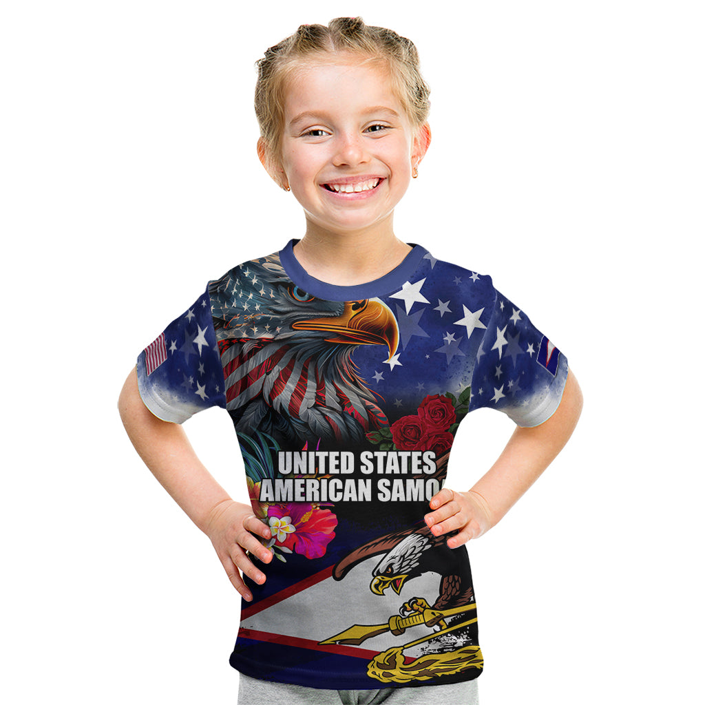 Personalised United States and American Samoa Kid T Shirt Bald Eagle Rose and Hibiscus Flower LT03 Blue - Polynesian Pride