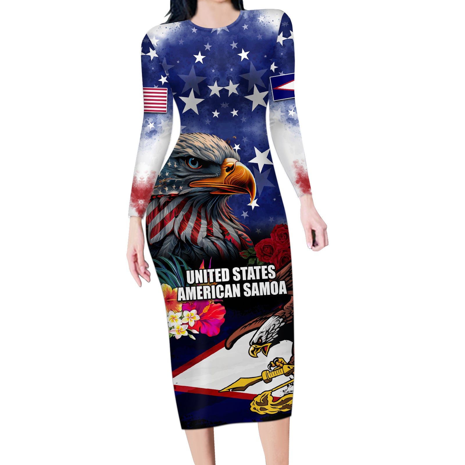 Personalised United States and American Samoa Long Sleeve Bodycon Dress Bald Eagle Rose and Hibiscus Flower LT03 Long Dress Blue - Polynesian Pride
