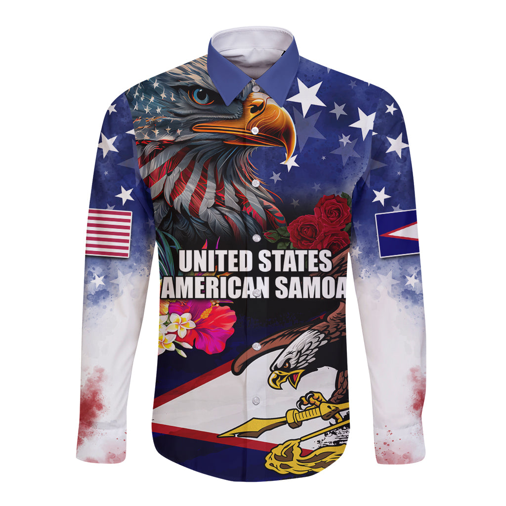 Personalised United States and American Samoa Long Sleeve Button Shirt Bald Eagle Rose and Hibiscus Flower LT03 Unisex Blue - Polynesian Pride