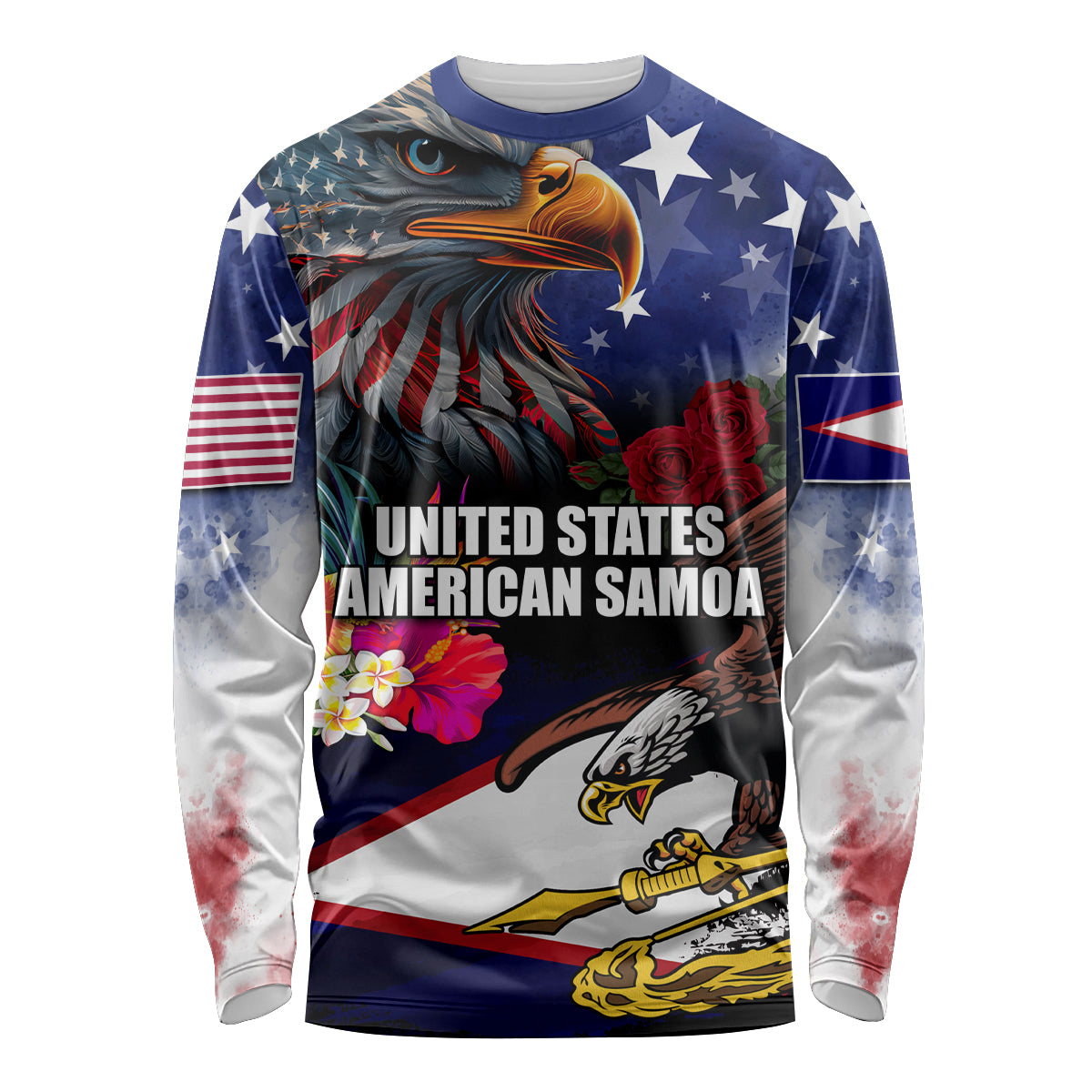 Personalised United States and American Samoa Long Sleeve Shirt Bald Eagle Rose and Hibiscus Flower LT03 Unisex Blue - Polynesian Pride