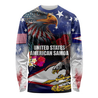 Personalised United States and American Samoa Long Sleeve Shirt Bald Eagle Rose and Hibiscus Flower LT03 Unisex Blue - Polynesian Pride