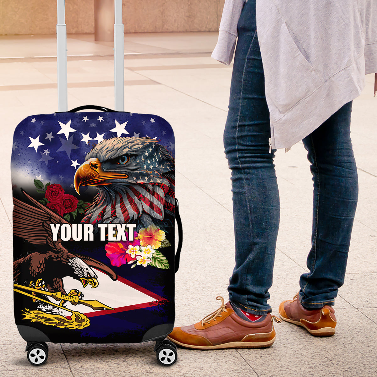 Personalised United States and American Samoa Luggage Cover Bald Eagle Rose and Hibiscus Flower LT03 Blue - Polynesian Pride