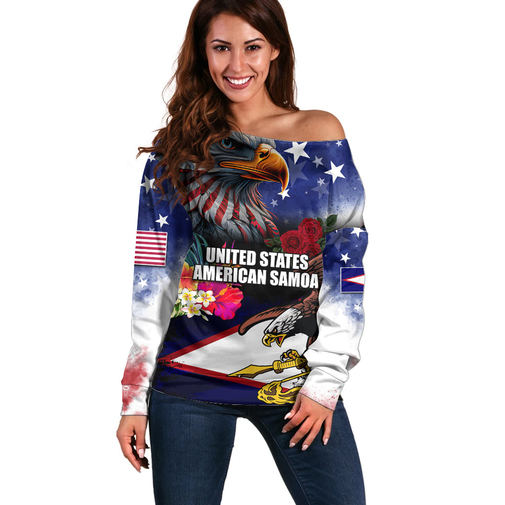 Personalised United States and American Samoa Off Shoulder Sweater Bald Eagle Rose and Hibiscus Flower LT03 Women Blue - Polynesian Pride