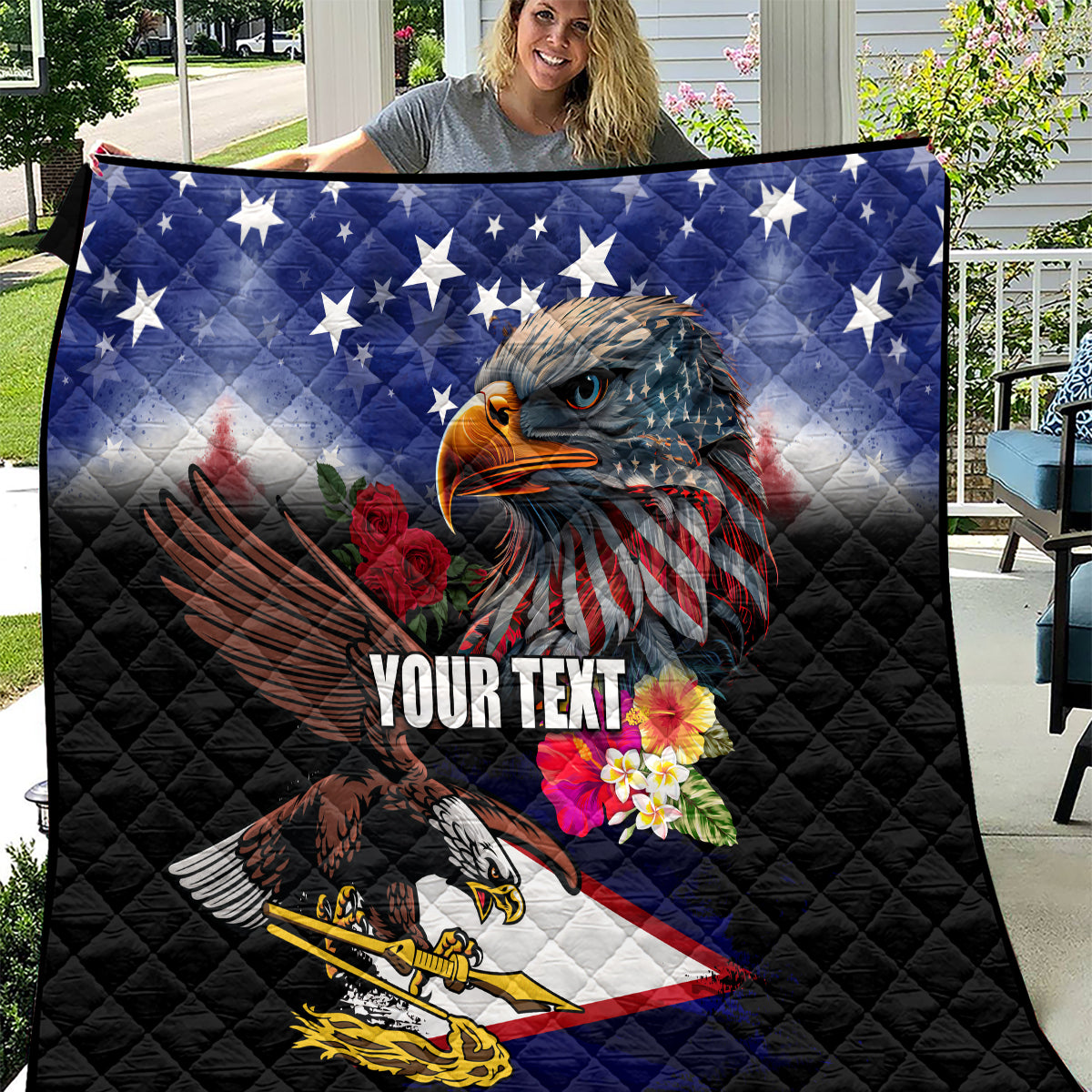 Personalised United States and American Samoa Quilt Bald Eagle Rose and Hibiscus Flower LT03 Blue - Polynesian Pride