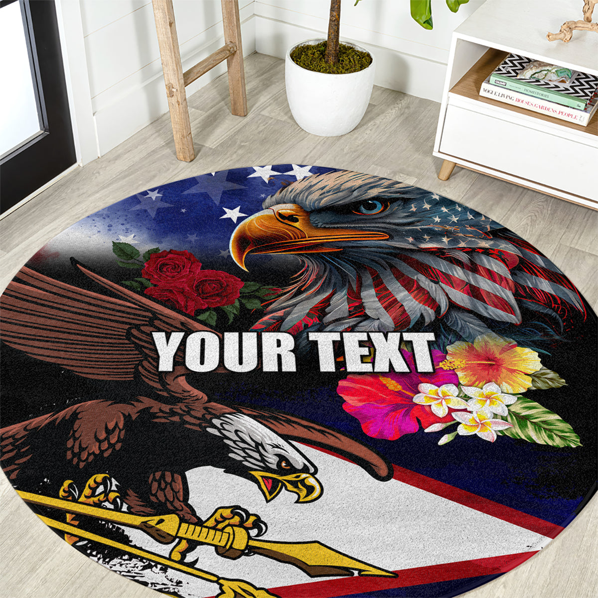 Personalised United States and American Samoa Round Carpet Bald Eagle Rose and Hibiscus Flower