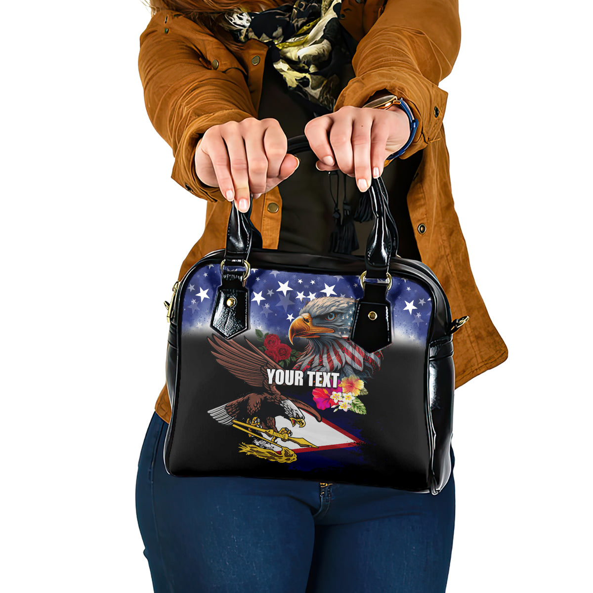 Personalised United States and American Samoa Shoulder Handbag Bald Eagle Rose and Hibiscus Flower LT03 One Size Blue - Polynesian Pride