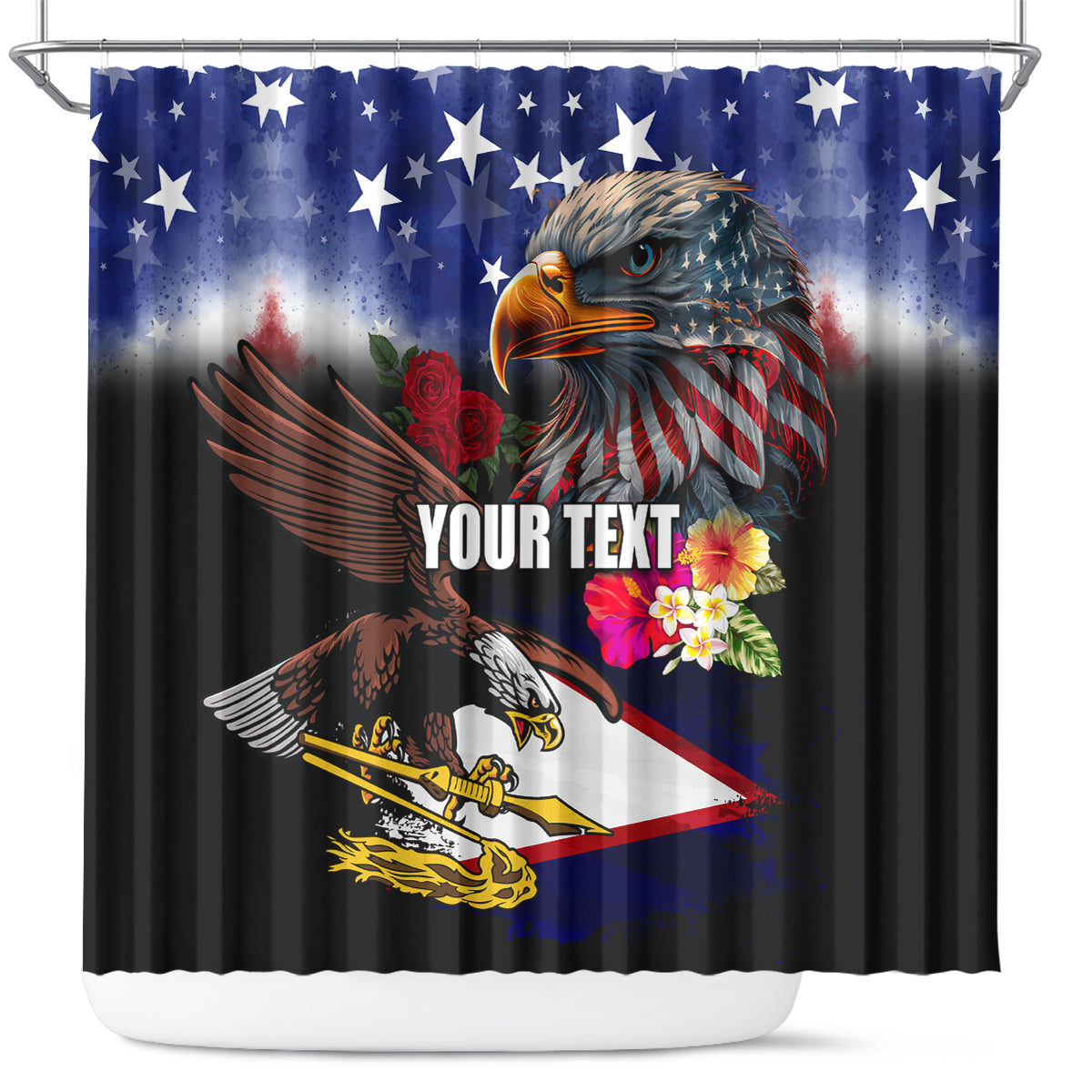 Personalised United States and American Samoa Shower Curtain Bald Eagle Rose and Hibiscus Flower LT03 Blue - Polynesian Pride