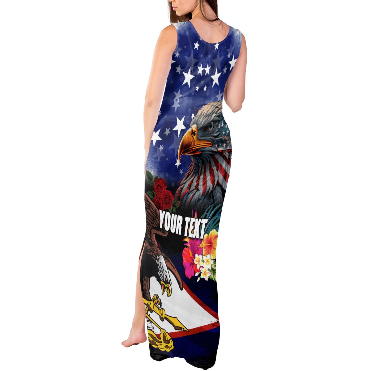 Personalized United States and American Samoa Tank Maxi Dress Bald Eagle Rose and Hibiscus Flower