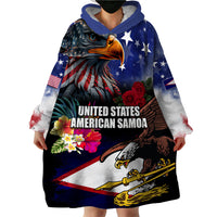 United States and American Samoa Wearable Blanket Hoodie Bald Eagle Rose and Hibiscus Flower
