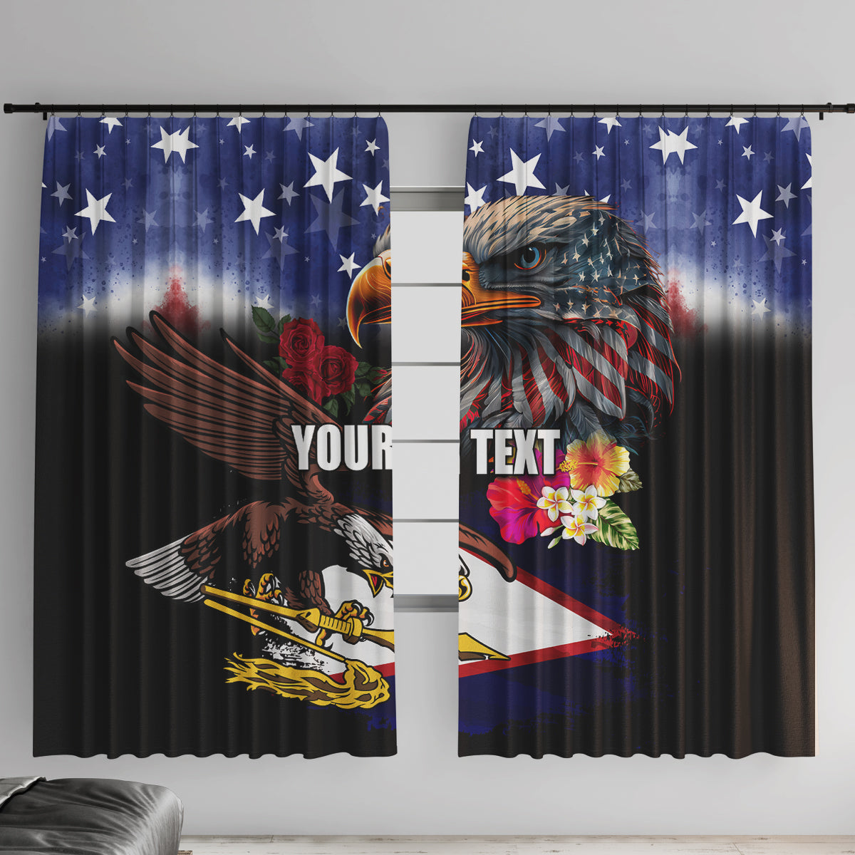 Personalised United States and American Samoa Window Curtain Bald Eagle Rose and Hibiscus Flower LT03 With Hooks Blue - Polynesian Pride