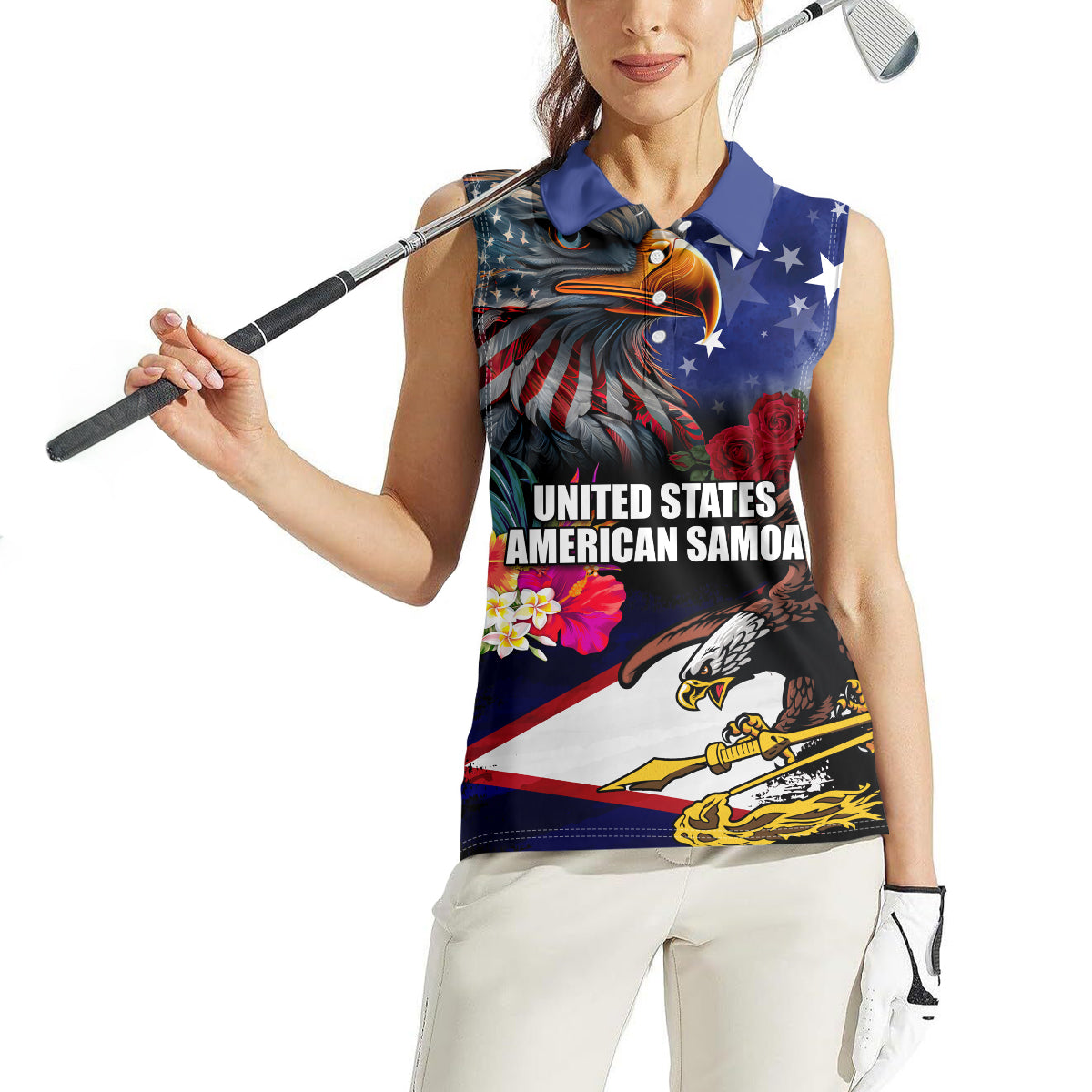 United States and American Samoa Women Sleeveless Polo Shirt Bald Eagle Rose and Hibiscus Flower