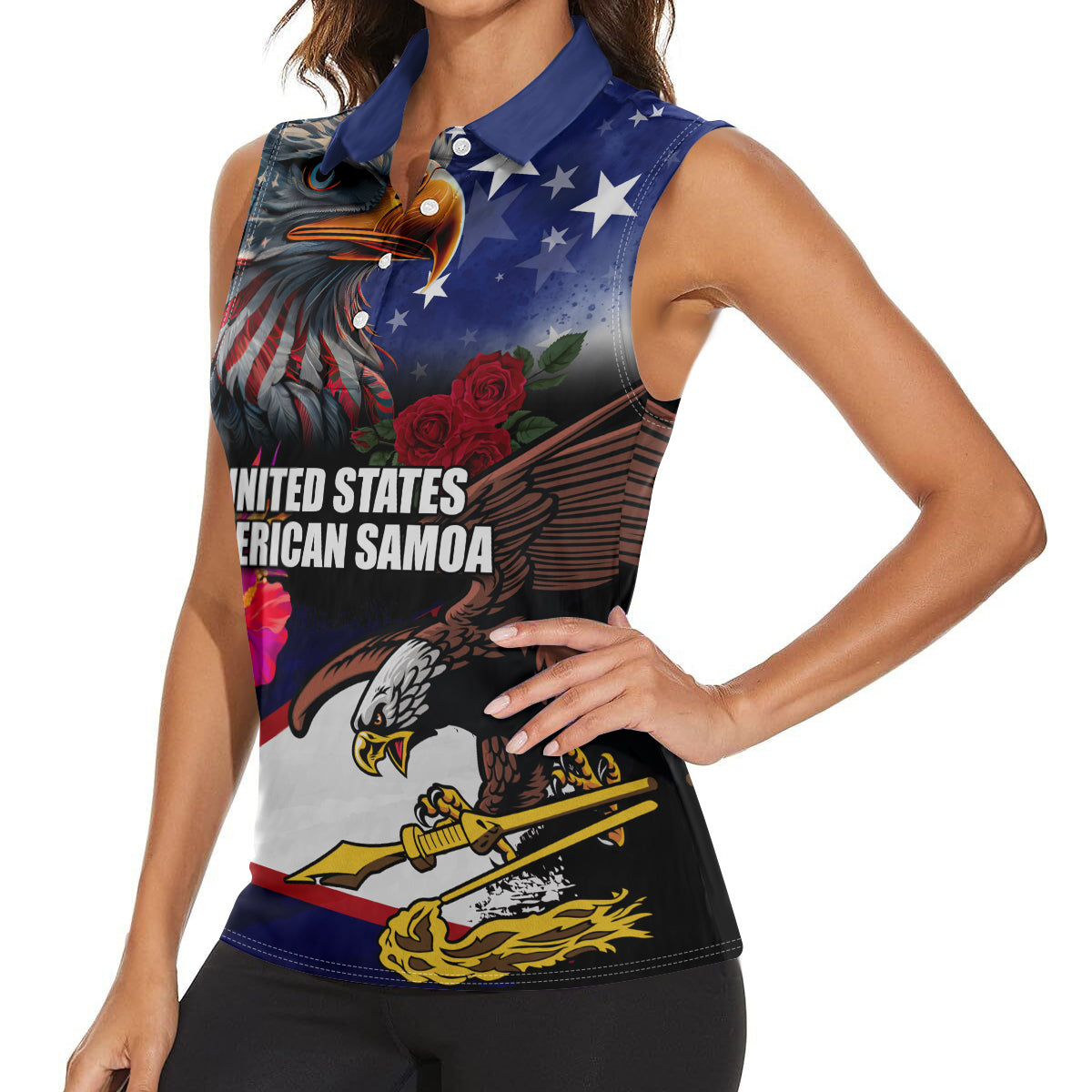 United States and American Samoa Women Sleeveless Polo Shirt Bald Eagle Rose and Hibiscus Flower