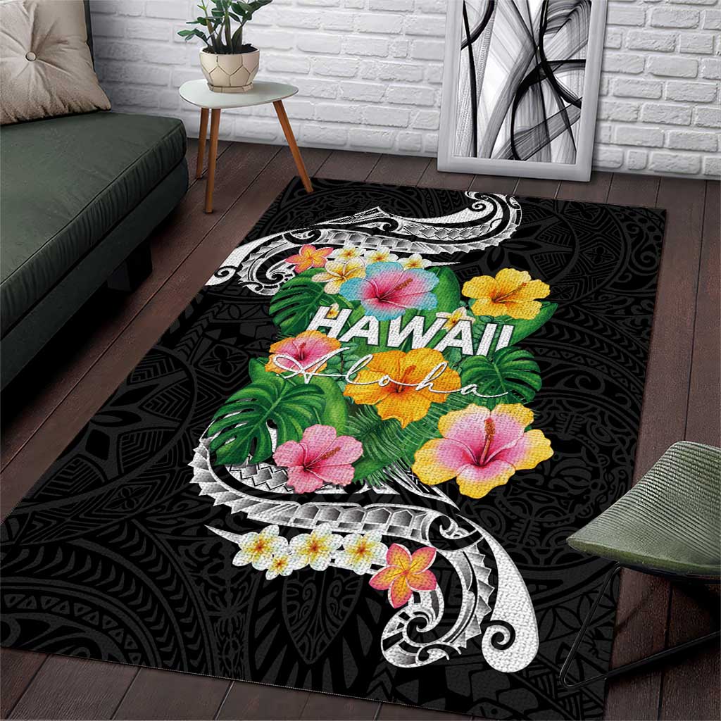 Hawaii Aloha Tropical Leaves and Flower Area Rug with Polynesian Art Tattoo Black Color - Polynesian Pride