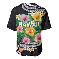 Hawaii Aloha Tropical Leaves and Flower Baseball Jersey with Polynesian Art Tattoo Black Color - Polynesian Pride