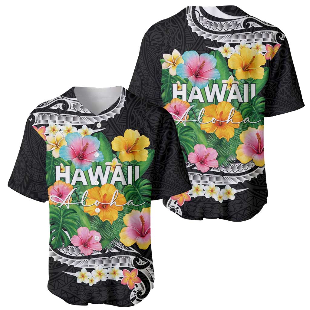 Hawaii Aloha Tropical Leaves and Flower Baseball Jersey with Polynesian Art Tattoo Black Color - Polynesian Pride