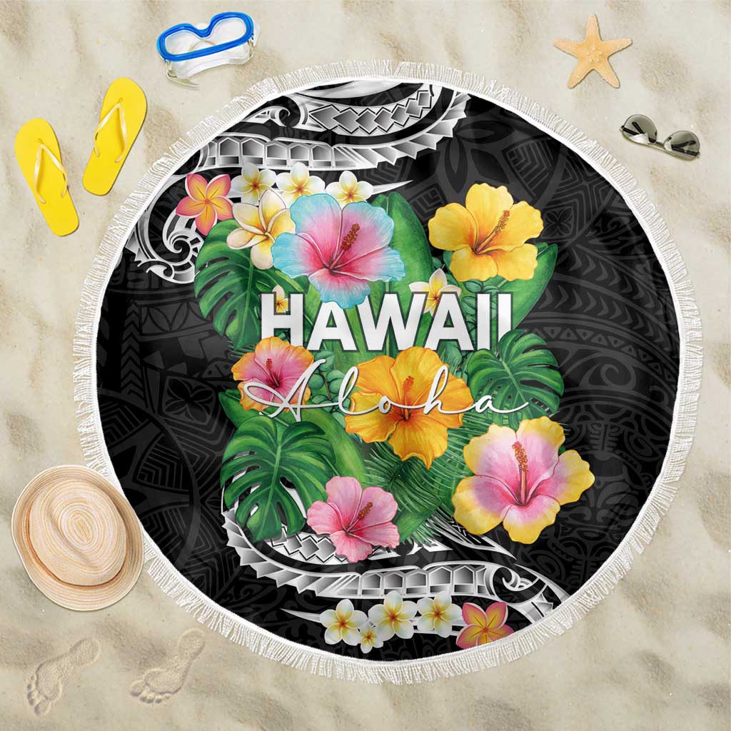 Hawaii Aloha Tropical Leaves and Flower Beach Blanket with Polynesian Art Tattoo Black Color - Polynesian Pride