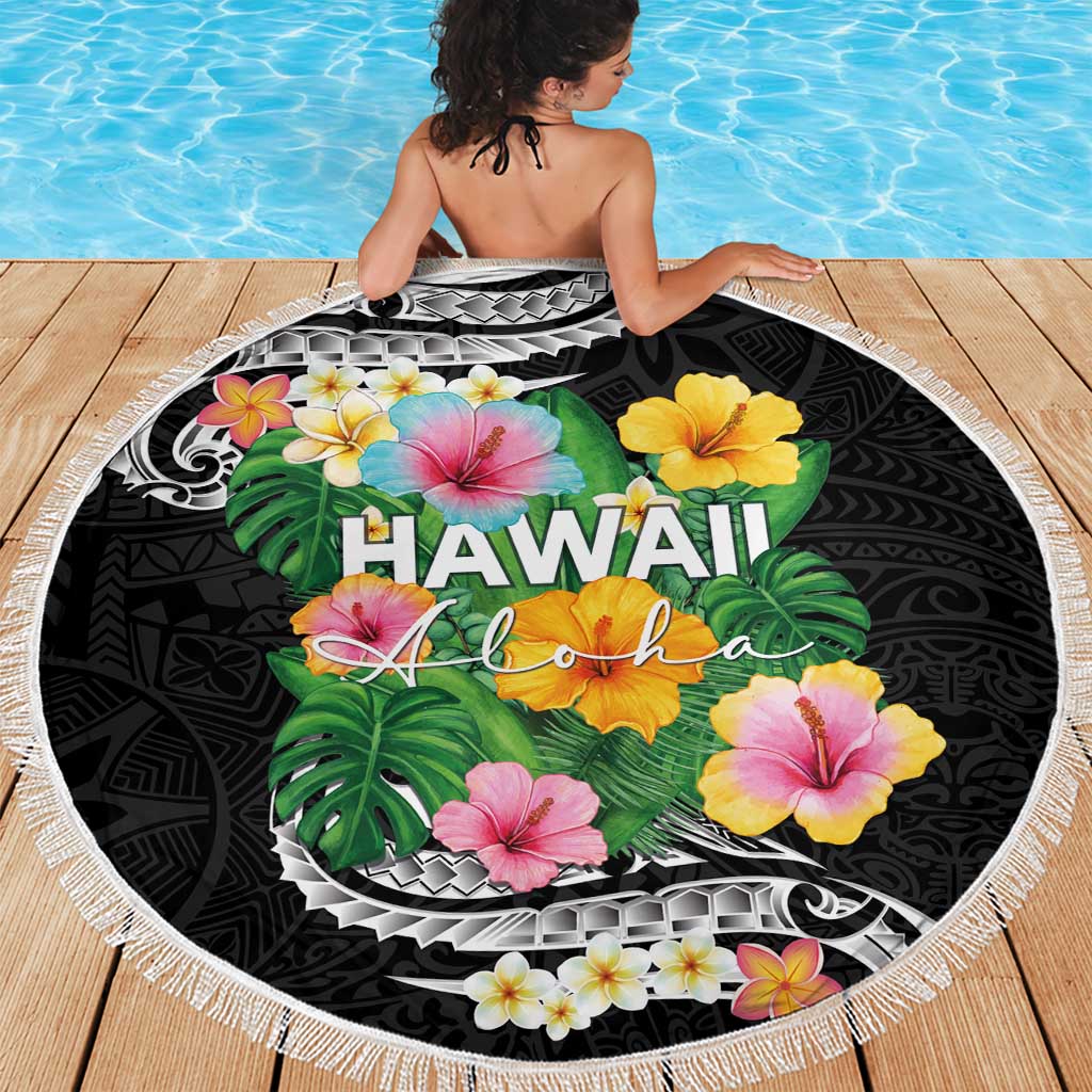 Hawaii Aloha Tropical Leaves and Flower Beach Blanket with Polynesian Art Tattoo Black Color - Polynesian Pride