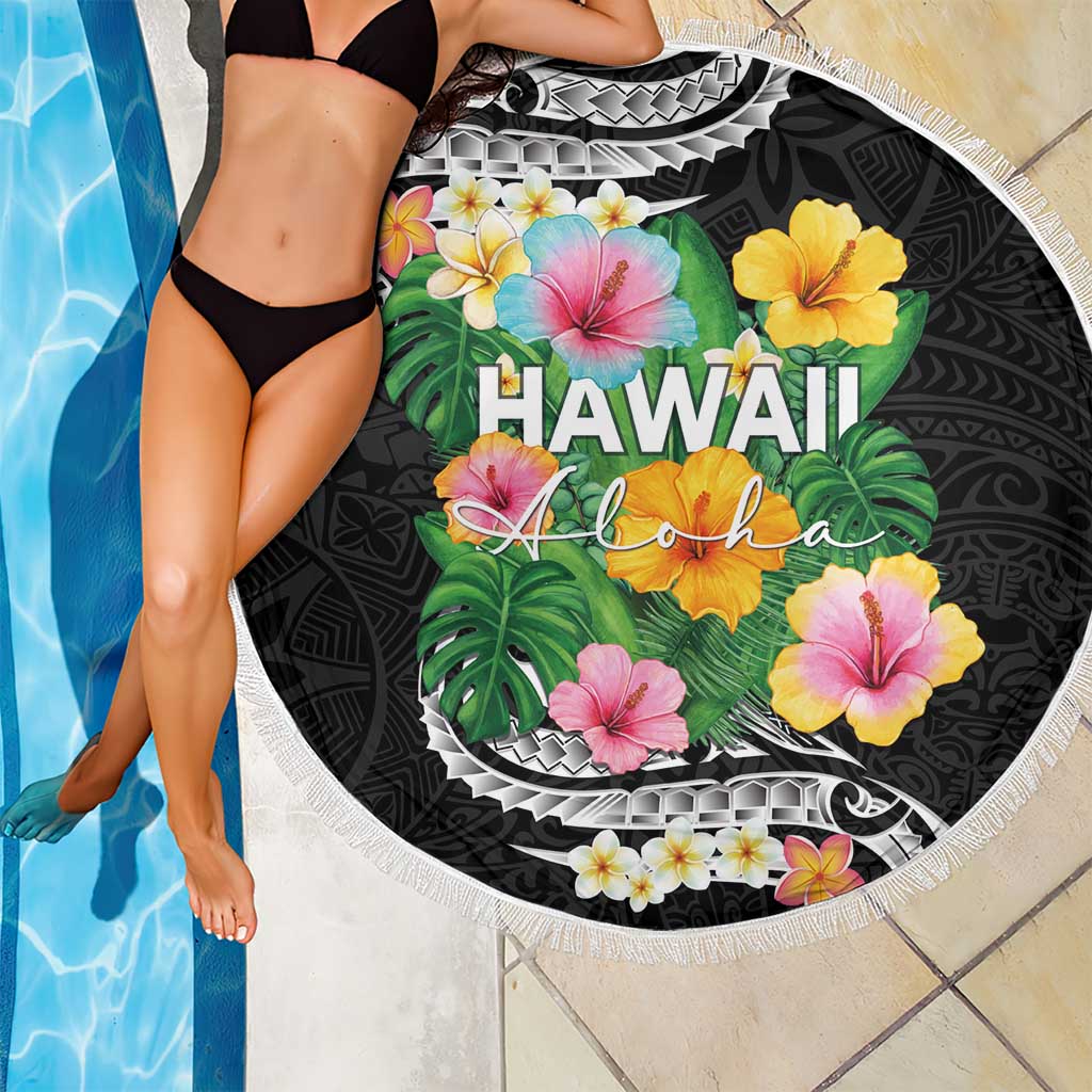 Hawaii Aloha Tropical Leaves and Flower Beach Blanket with Polynesian Art Tattoo Black Color - Polynesian Pride