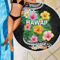 Hawaii Aloha Tropical Leaves and Flower Beach Blanket with Polynesian Art Tattoo Black Color - Polynesian Pride