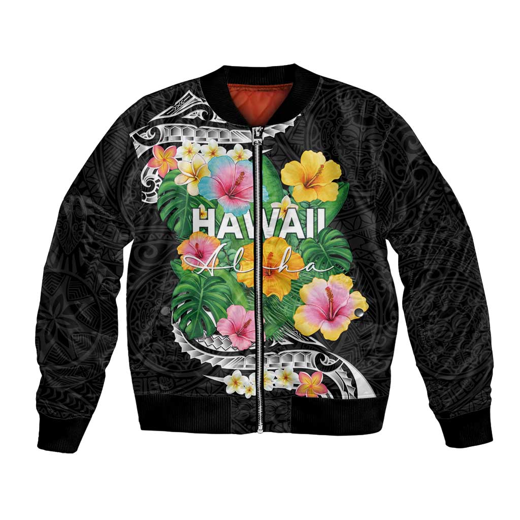 Hawaii Aloha Tropical Leaves and Flower Bomber Jacket with Polynesian Art Tattoo Black Color LT03 Unisex Black - Polynesian Pride