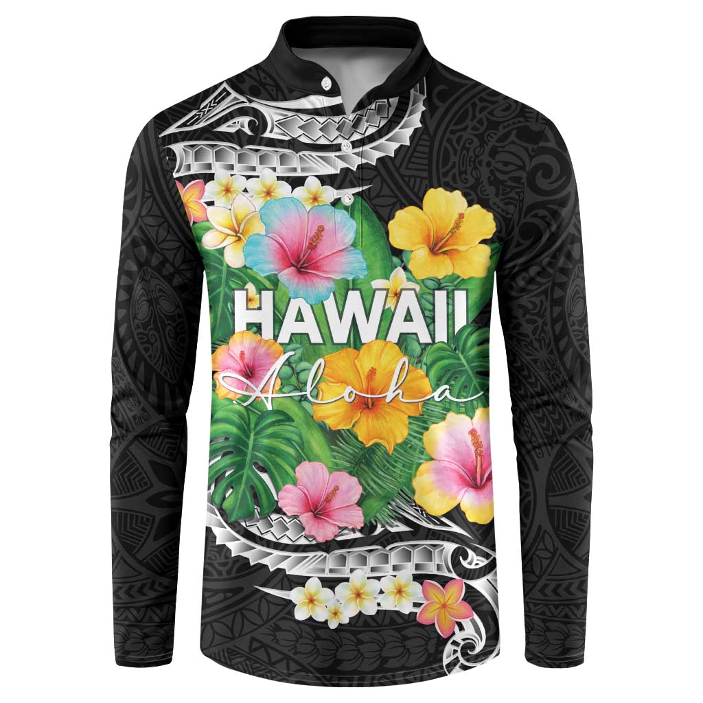 Hawaii Aloha Tropical Leaves and Flower Button Sweatshirt with Polynesian Art Tattoo Black Color - Polynesian Pride