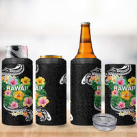 Hawaii Aloha Tropical Leaves and Flower 4 in 1 Can Cooler Tumbler with Polynesian Art Tattoo Black Color - Polynesian Pride