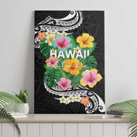 Hawaii Aloha Tropical Leaves and Flower Canvas Wall Art with Polynesian Art Tattoo Black Color - Polynesian Pride