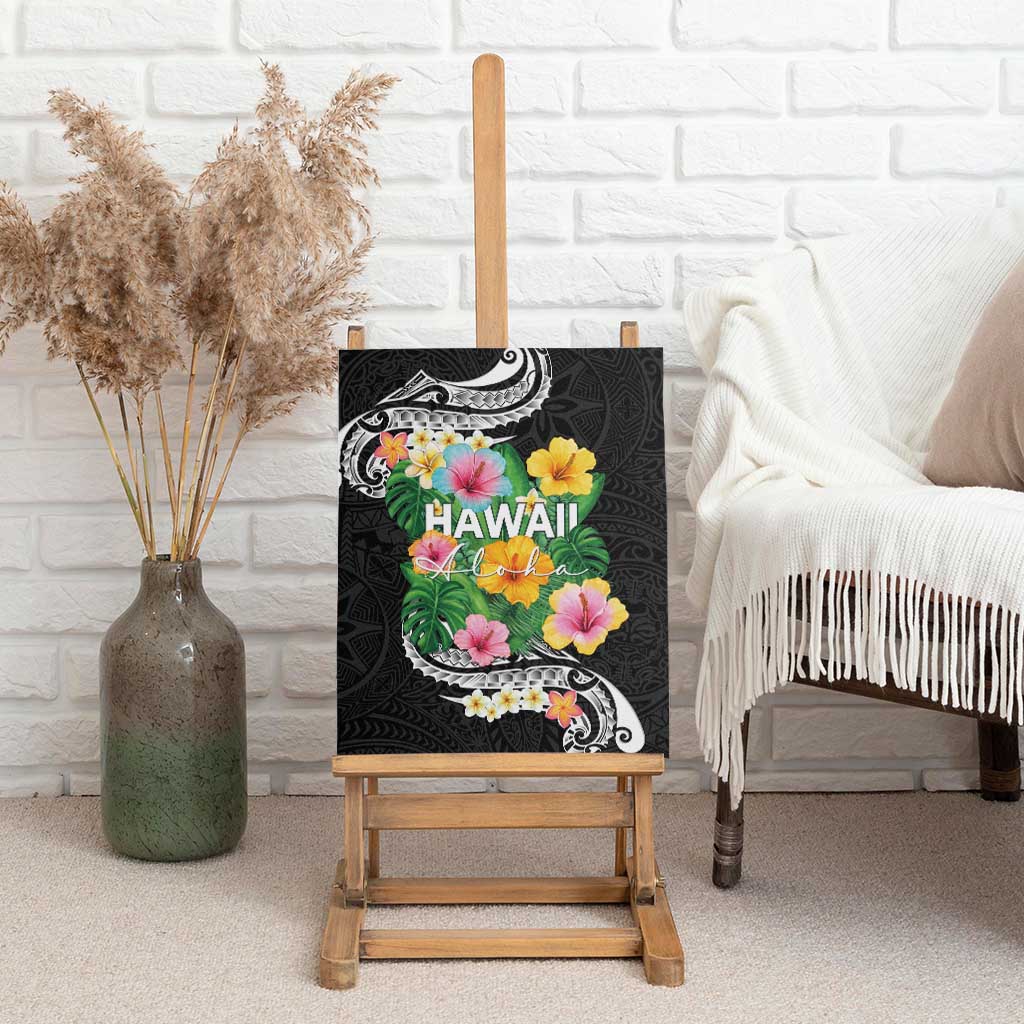 Hawaii Aloha Tropical Leaves and Flower Canvas Wall Art with Polynesian Art Tattoo Black Color - Polynesian Pride